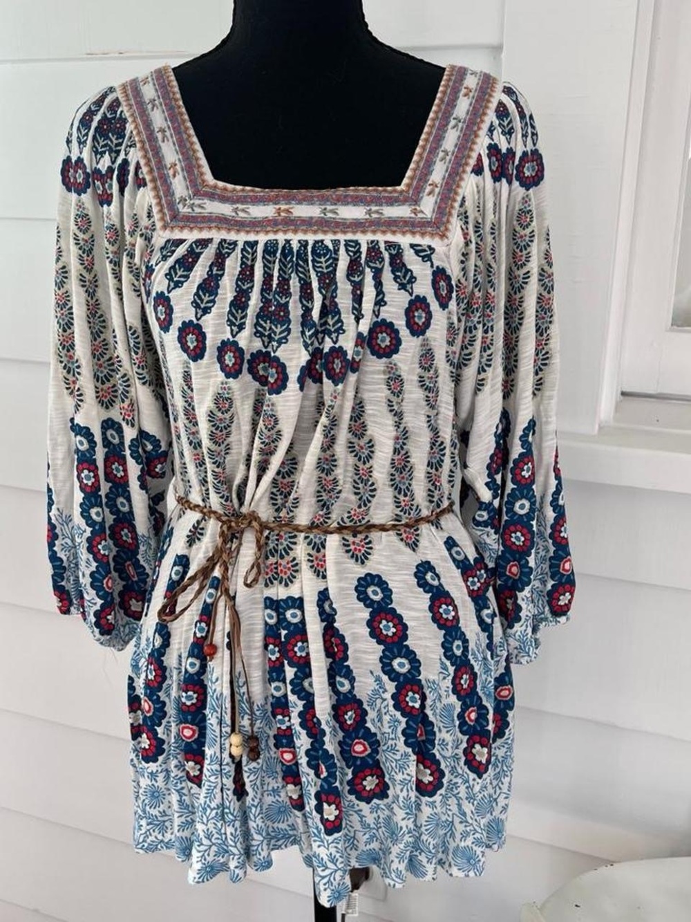 American Rag Cream Floral Peasant Tunic with Beaded belt